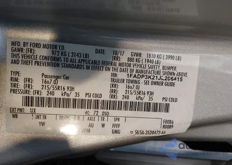 2018 Ford Focus Se z USA, uszkodzony, nr VIN 1FADP3K21JL206415